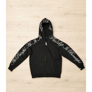 Phora Yours Truly Love Yourself Zip Up Hoodie Black Embroidered Script Med New